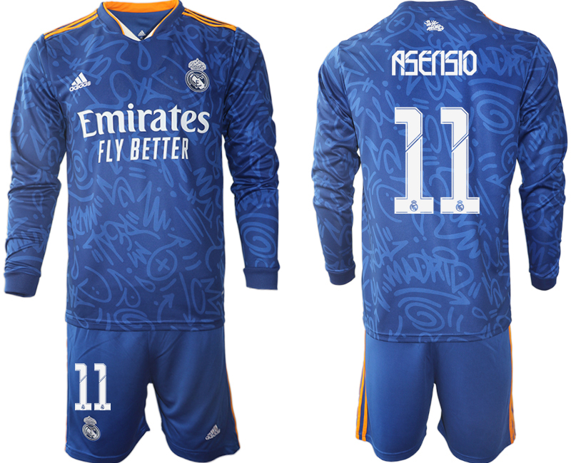 Men 2021-2022 Club Real Madrid away blue Long Sleeve #11 Soccer Jersey->real madrid jersey->Soccer Club Jersey